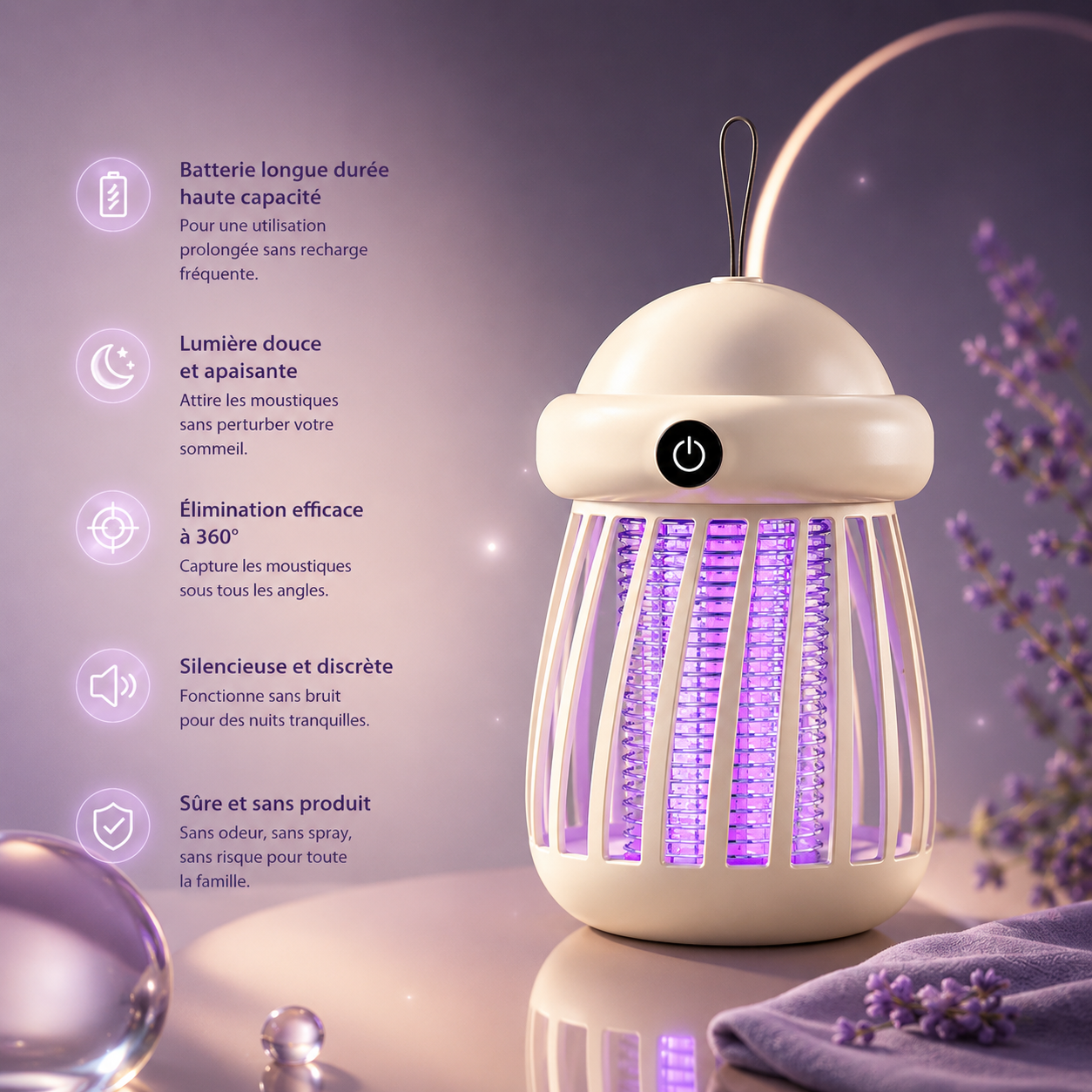 Lampe anti-moustiques UV rechargeable blanche NOXIHOME - bénéfices en français