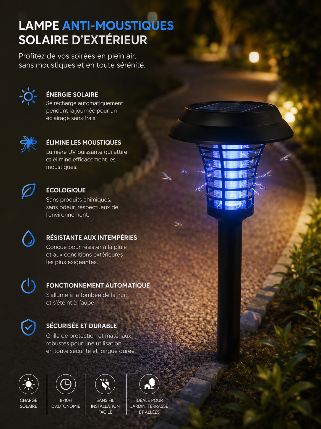 Lampe solaire anti-moustiques à piquer NOXIHOME - jardin et allées