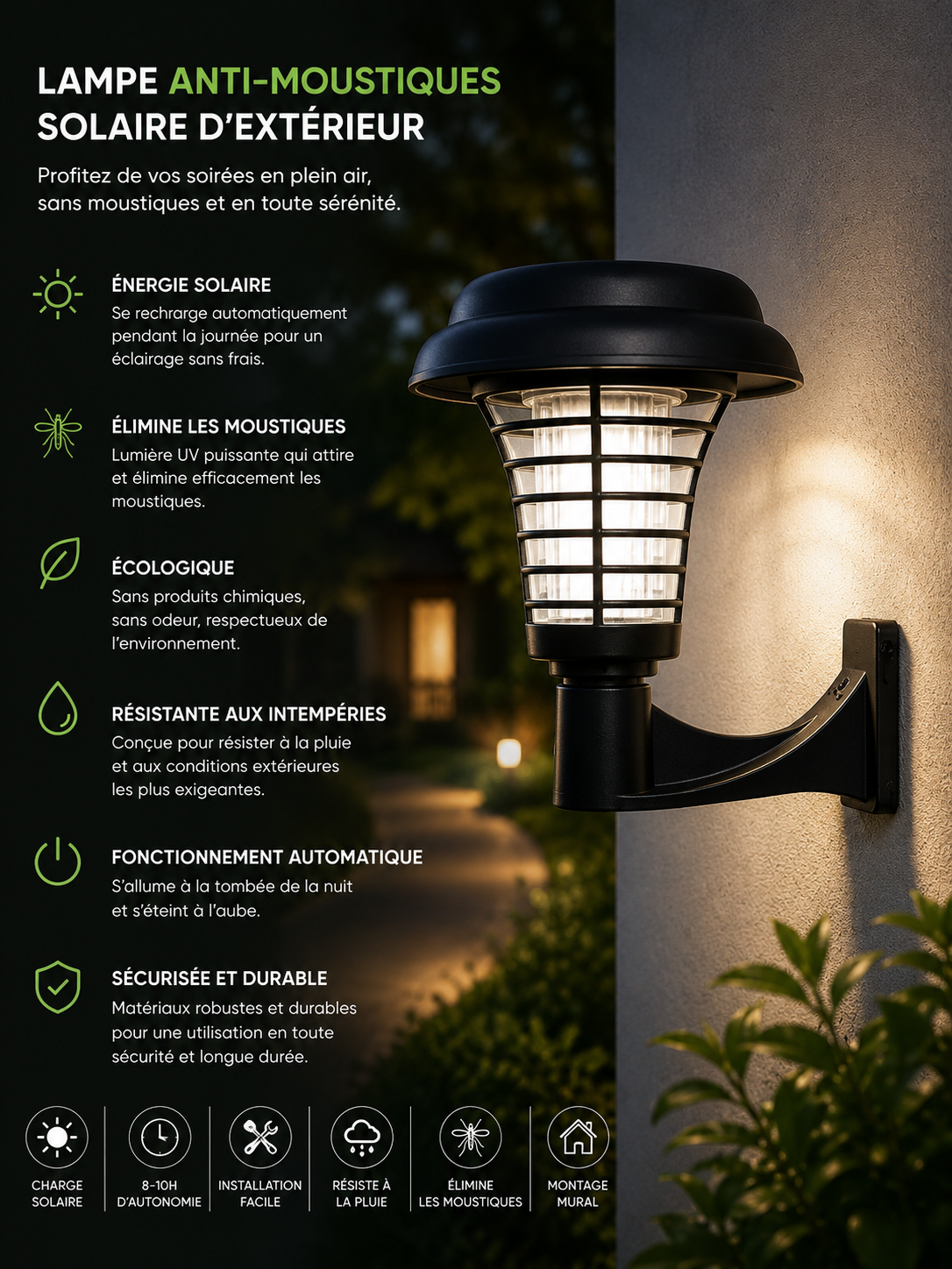Lampe solaire anti-moustiques murale NOXIHOME - extérieur
