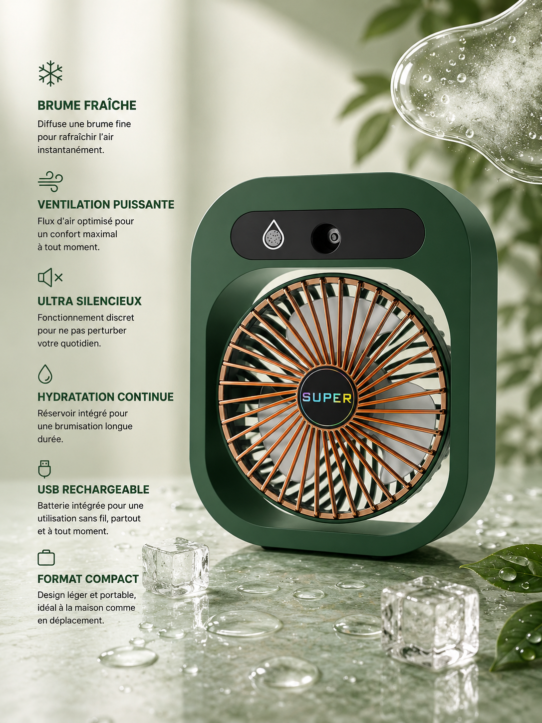 Mini ventilateur brumisateur vert NOXIHOME - fraîcheur rechargeable
