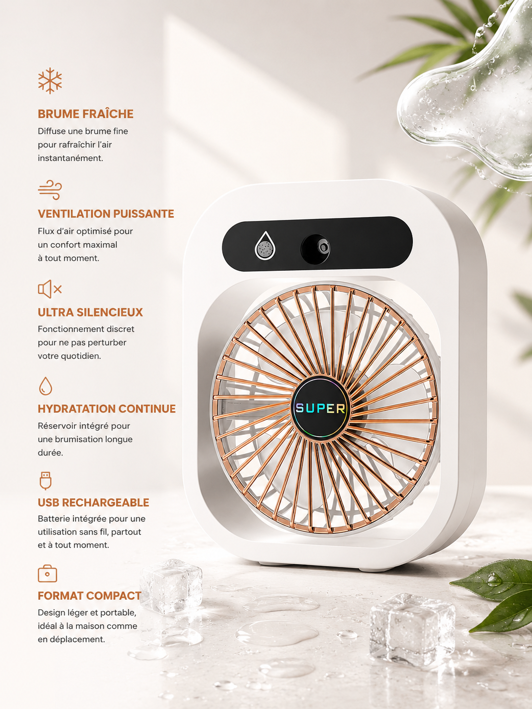 Mini ventilateur brumisateur blanc NOXIHOME - fraîcheur rechargeable