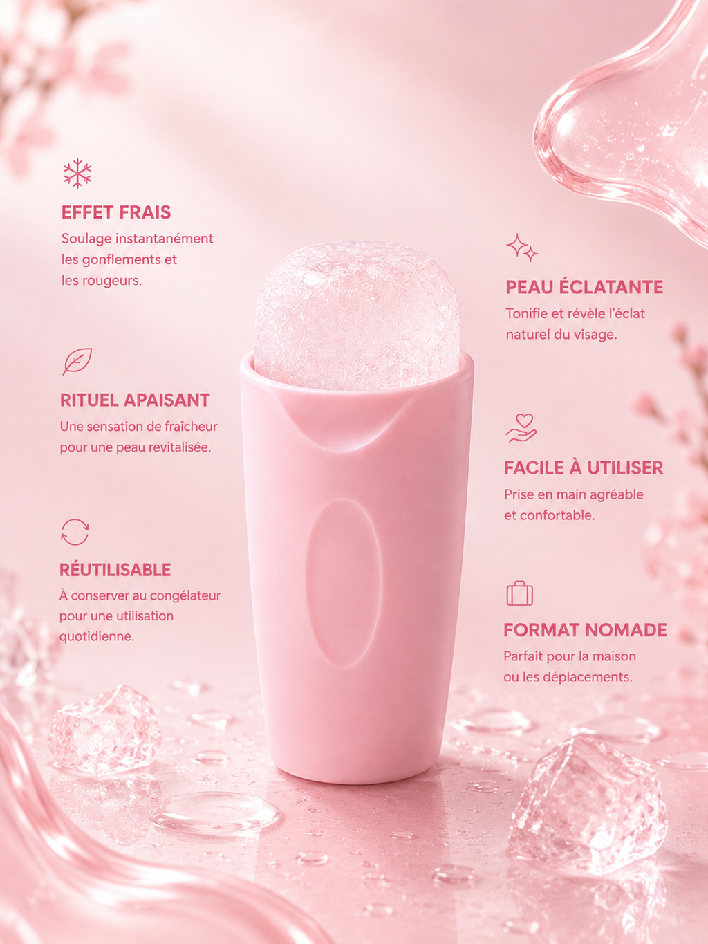 Roller visage glacé rose NOXIHOME - rituel fraîcheur