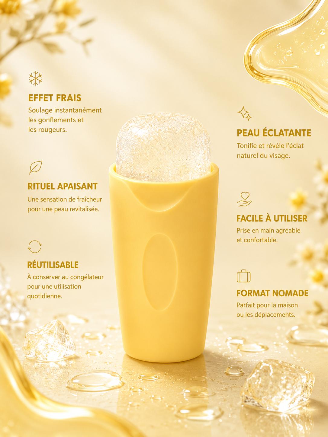 Roller visage glacé jaune NOXIHOME - rituel fraîcheur