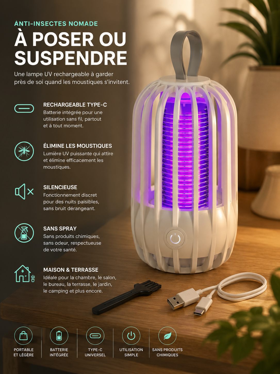 Lampe anti-insectes portable rechargeable Type-C NOXIHOME