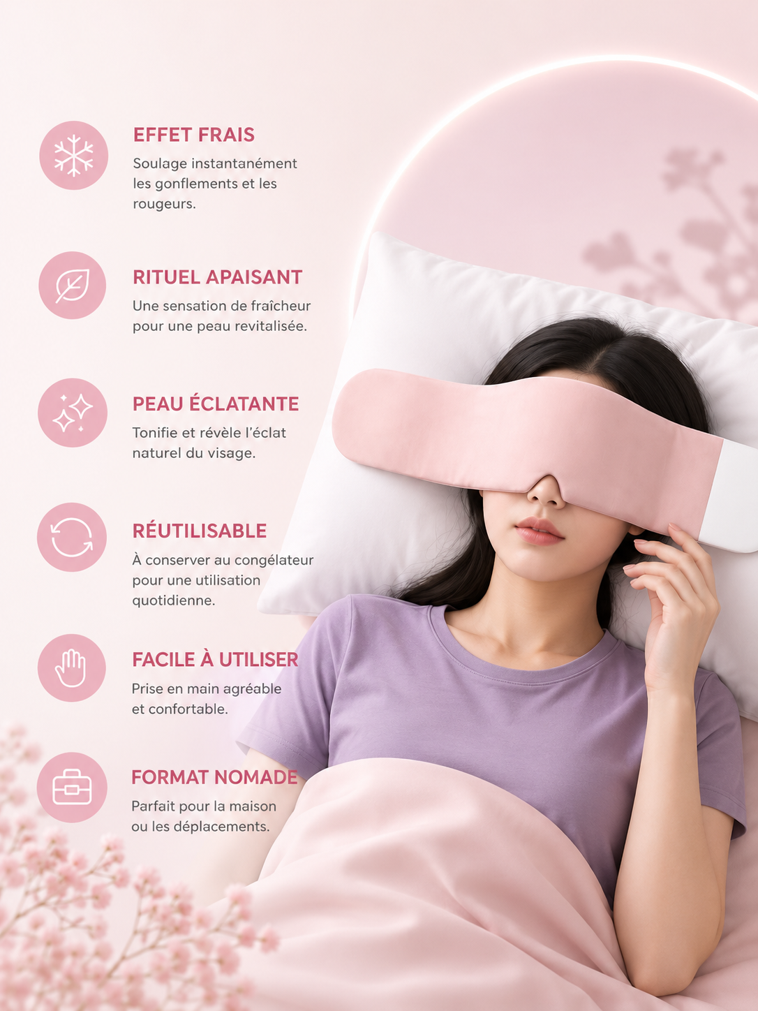 Masque yeux rafraîchissant rose NOXIHOME - détente et sommeil