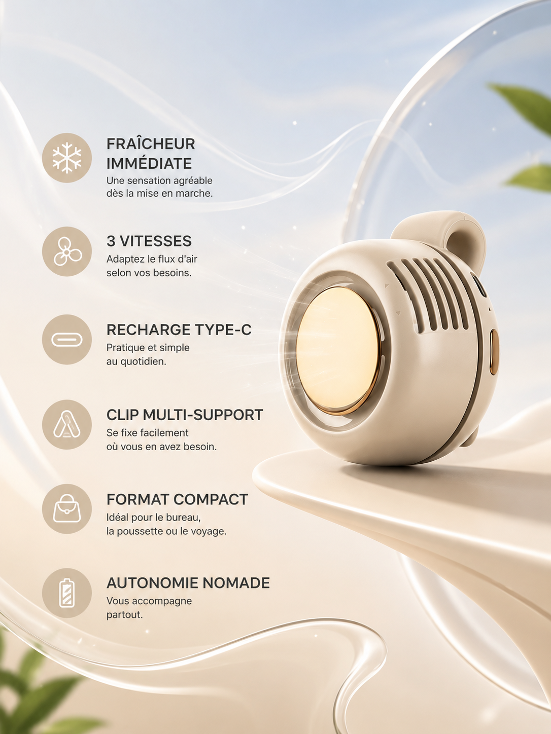 Mini ventilateur clip rechargeable Type-C NOXIHOME - 3 vitesses